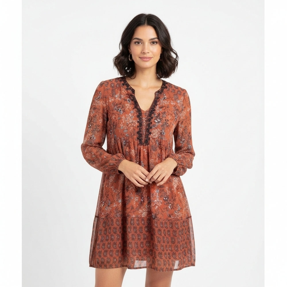 Knox Rose Rust Floral Boho Peasant Midi Dress Medium